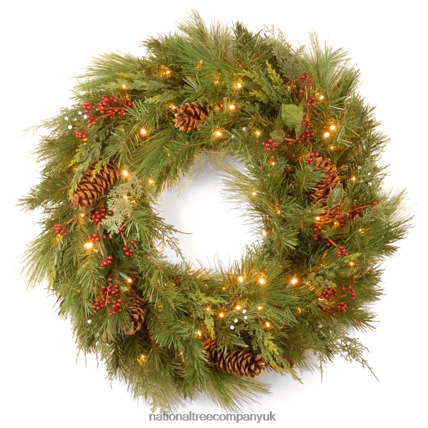 Greenery | National Tree Company Pre-Lit Artificial Christmas Wreath Green White Pine White Lights Decorated with Berry Clusters Pine Cones Christmas Collection 30 Inches F2L4F271